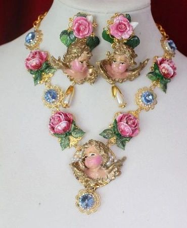 SOLD! 4687 Baroque Hand Painted Small Chubby Cherub Angel Roses Statement Necklace