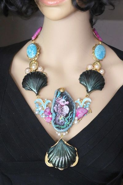 SOLD! 4689 Baroque Hand Painted Genuine Agate Seahorse Shell Statement Necklace