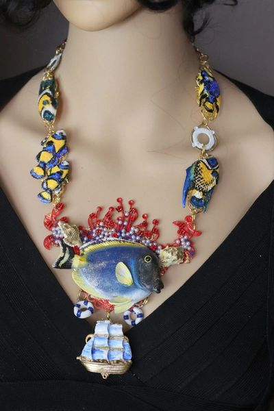 SOLD! 4690 Vivid Hand Painted Fish Ship Coral Reef Statement Necklace