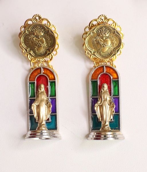 SOLD! 4694 3D Effect Virgin Mary Cathedral Sacred Heart Stunning Studs Earrings
