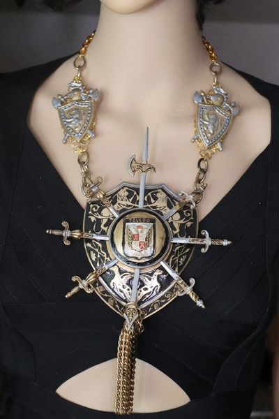 SOLD! 4695 Unique Toledo Family Shield Huge Unusual Hand Painted Statement Necklace
