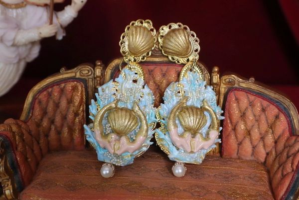 SOLD! 4691 Baroque Hand Painted Blue Coral Reef Mermaids Stunning Studs Earrings