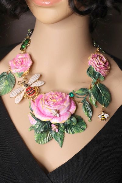 SOLD! 4705 Unique Hand Painted Roses Bee Massive Statement Necklace