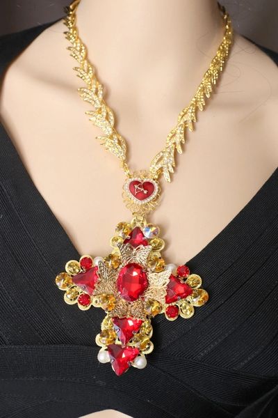 SOLD! 4712 Baroque Runway Yellow Red Rhinestones Butterfly Huge Crosses Necklace