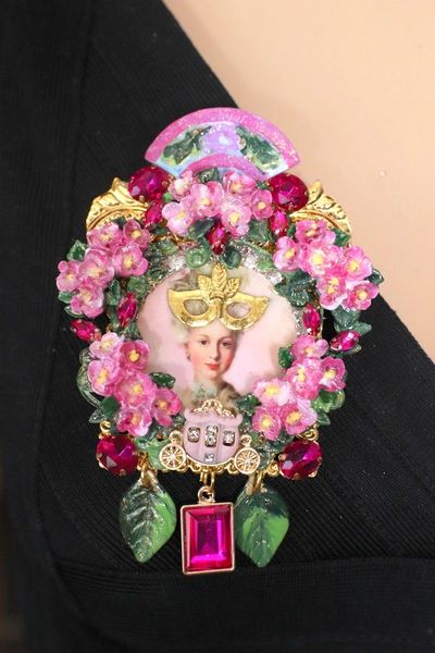 SOLD! 4715 Young Marie Antoinette Hand Painted Fuchsia Fan Massive Brooch