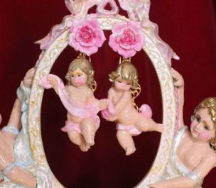 SOLD! 4721 Baroque Hand Painted Cherubs Pink Rose Studs Earrings