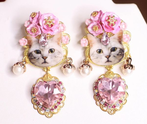 SOLD! 4726 Baroque Cat Adorable Flowers Pink Rhinestone Studs Earrings
