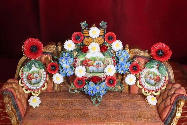 SOLD! 4727 Set Of Ukrainian Revival Poppy Daisy Massive Brooch+ Earrings