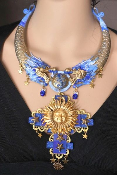 SOLD! 4728 Medieval Unique Hand Painted Dragons Sub Moon Massive Cross Statement Necklace