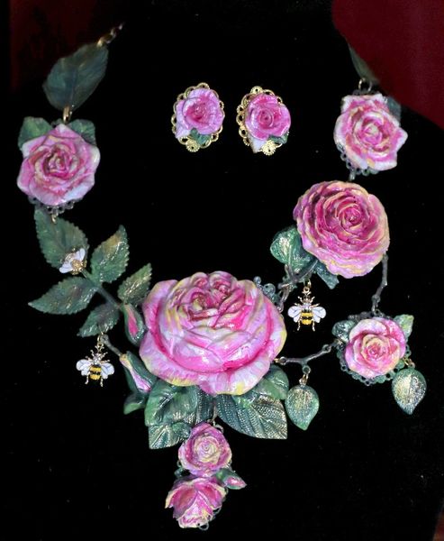 SOLD! 4738 Unique Hand Painted Roses Bee Massive Statement Necklace