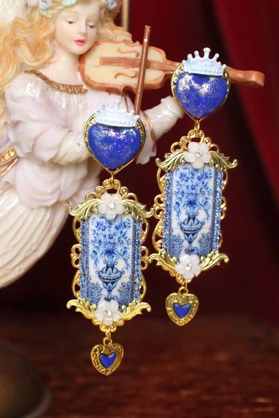 SOLD! 4747 Baroque Sicilian Tile Blue Vase Hearts Studs Earrings