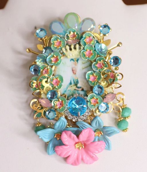 SOLD! 4748 Young Marie Antoinette Hand Painted Aqua Fan Massive Brooch