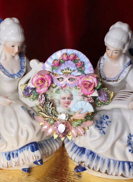 SOLD! 4713 Marie Antoinette Hand Painted Roses Fan Massive Brooch