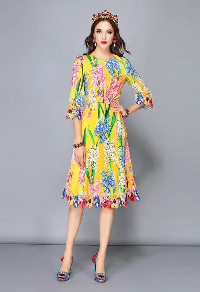 SOLD! 4239 Designer Colorful Floral Print Yellow Midi Dress Size M