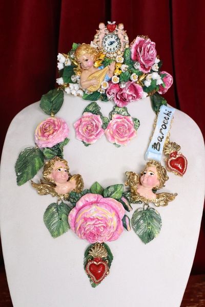 SOLD! 4756 Runway Chubby Vivid Hand Painted Cherubs Roses Sacred Hearts Statement Necklace