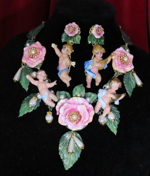 SOLD! 4757 Runway Musical Vivid Hand Painted Cherubs Roses Statement Necklace