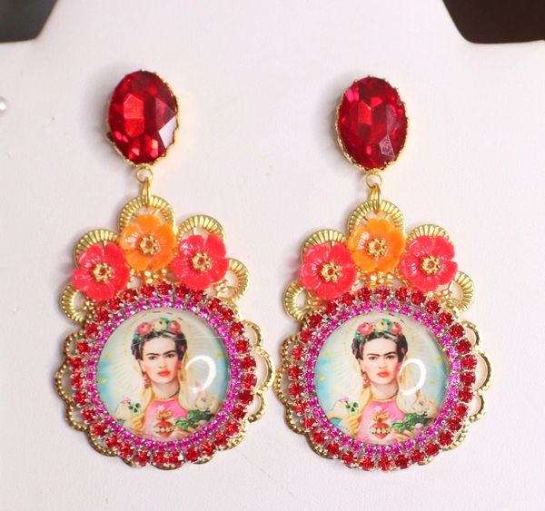 SOLD! 4765 Frida Kahlo Flowers Crystal Cameo Studs Earrings