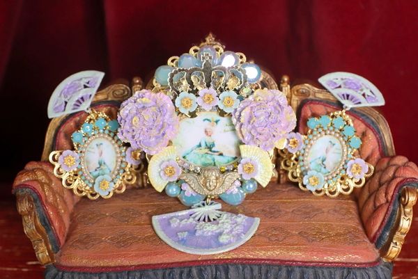 SOLD! 4768 Set Of Young Marie Antoinette Hand Painted Pearl Fan Massive Brooch+ Earrings