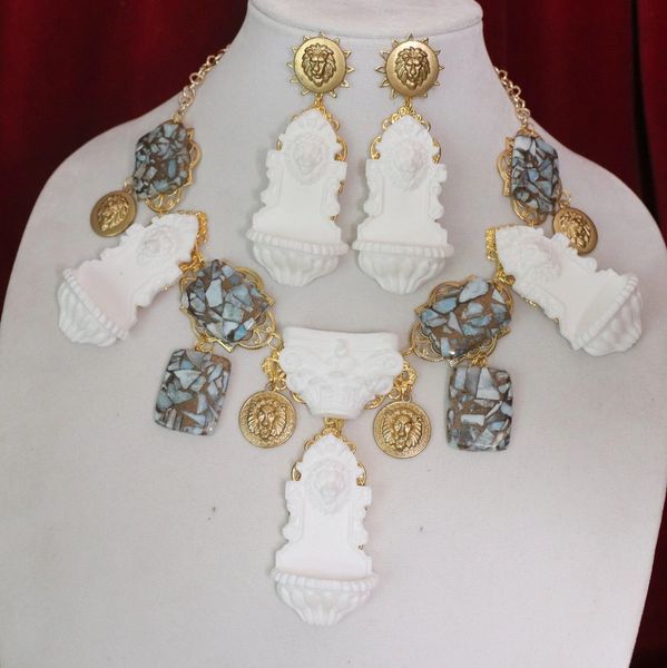 SOLD! 4771 Set Of Genuine Caribbean Larimar Lion Fountain Unique Necklace + Earrings