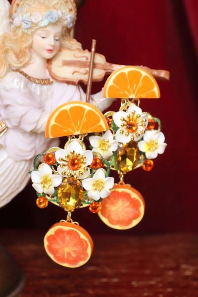 SOLD! 4776 Baroque Sicilian Orange Fruit Flower Blossom Studs Earrings