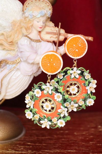 SOLD! 4781 Baroque Sicilian Orange Wheel Flower Blossom Earrings
