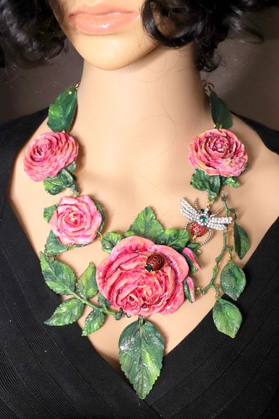 SOLD! 4783 Unique Hand Painted Roses Bee Massive Statement Necklace