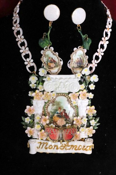 SOLD! 4784 Set Of Mon Amour Rococo Paintings Lovers In a Garden Unique Hand Painted Massive Statement Necklace+ Earrings