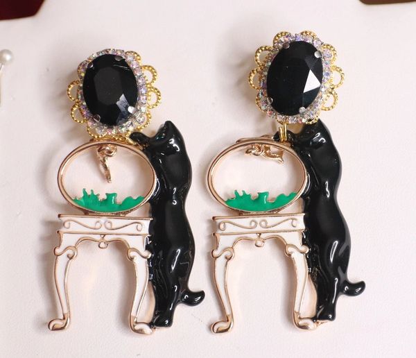 SOLD! 4786 Unusual Baroque Black Enamel Victoran Cat Fish Earrings