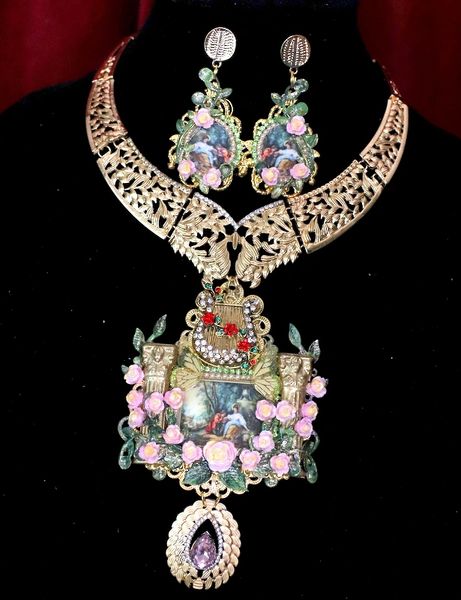 SOLD! 4787 Set Of Rococo Paintings Lovers In a Rose Garden Harp Unique Hand Painted Massive Statement Necklace+ Earrings