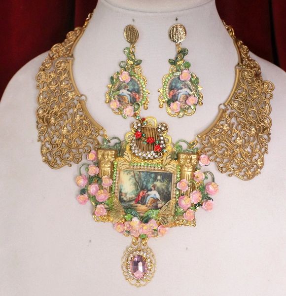 SOLD! 4788 Set Of Rococo Paintings Lovers In a Rose Garden Harp Unique Hand Painted Massive Statement Necklace+ Earrings