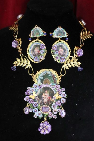 SOLD! 4789 Set Of Rococo Paintings François Boucher Diana From Hunting Violets Unique Hand Painted Statement Necklace+ Earrings