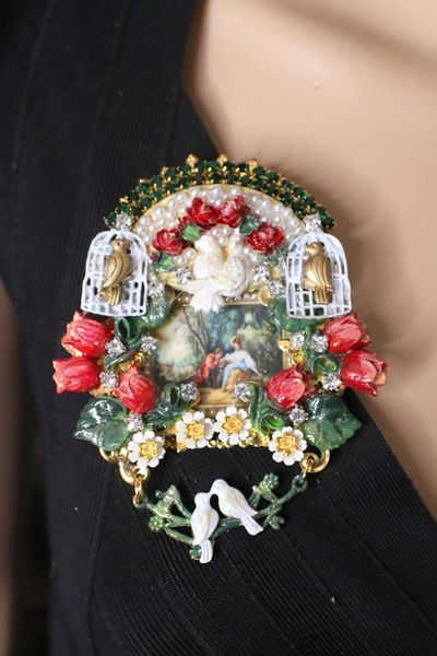 SOLD!4794 Rococo Paintings Hand Painted Tulips Bird Cage Massive Brooch+ Earrings
