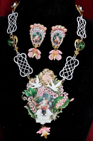 4795 Set Of Rococo Paintings Rinaldo and Armida Unique Hand Painted Massive Statement Necklace+ Earrings