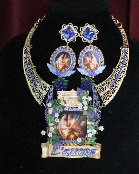 SOLD! 4796 Set Of Rococo Paintings L' amore Cupid Winged Roman Column Unique Hand Painted Massive Statement Necklace+ Earrings