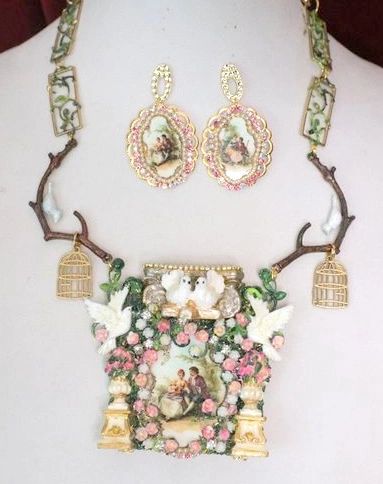 SOLD! 4800 Set Of Rococo Paintings Unique Hand Painted Dove Garden Birdcages Massive Statement Necklace+ Earrings