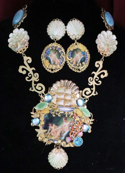 SOLD! 4807 Set Of Rococo Paintings Bathing Diana Hand Painted Massive Statement Necklace+ Earrings
