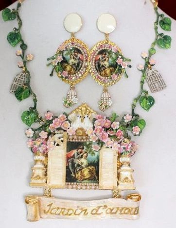 SOLD! 4808 Set Of Rococo Paintings4 Seasons Jardin Hand Painted Massive Statement Necklace+ Earrings
