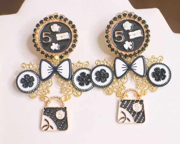 SOLD! 4817 Madam Coco Black Charms Bow Massive Studs Earrings