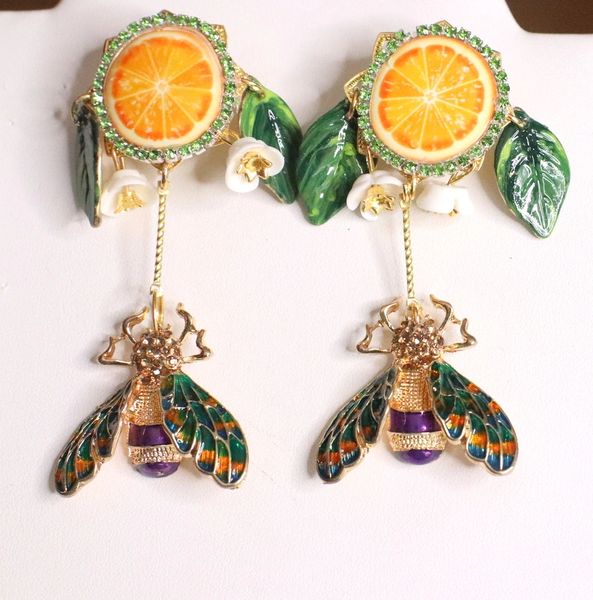 SOLD! 4832 Baroque Sicilian Orange Fruit Enamel Bee Earrings