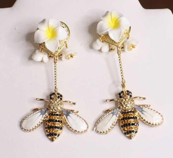 SOLD! 4833 Baroque Sicilian Lemon Flower Enamel Bee Earrings