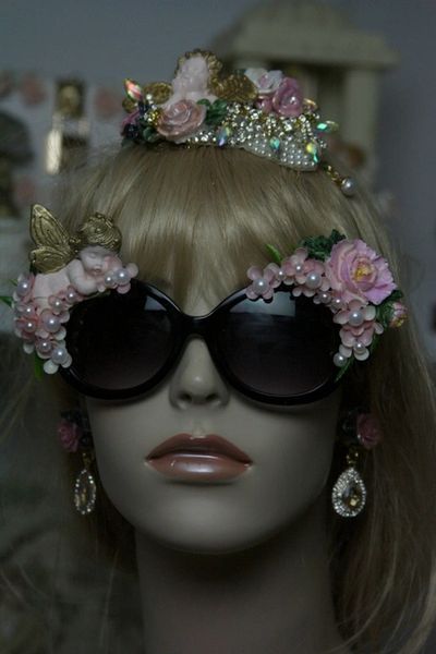 SOLD! 598 Amazing Baroque Vivid Sleeping Cherub Pale Pink Flowers Fancy Sunglasses Eye Wear UV 400