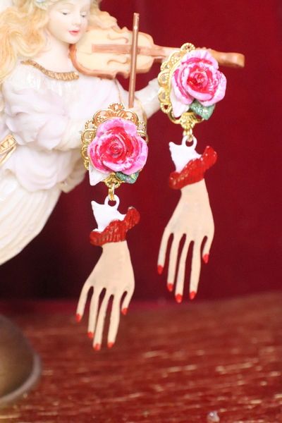 SOLD! 4842 Runway Baroque Massive Enamel Hands Rose Earrings