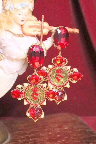 SOLD! 4843 Runway Baroque Red Rhinestones Sacred Heart Earrings