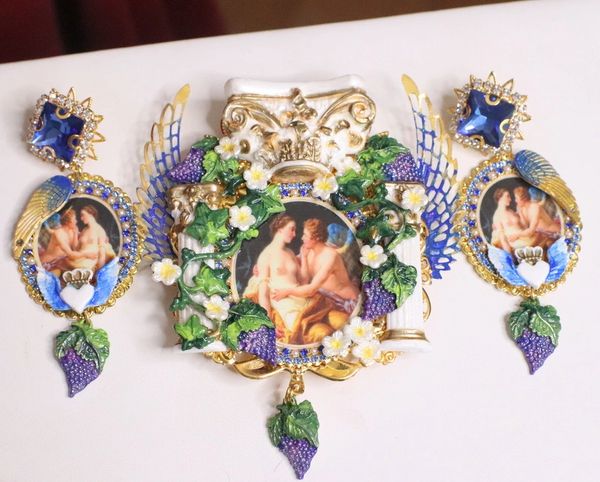 SOLD! 4845 Set Of Rococo Paintings L' amore Cupid Winged Roman Column Unique Hand Painted Massive Brooch+ Earrings