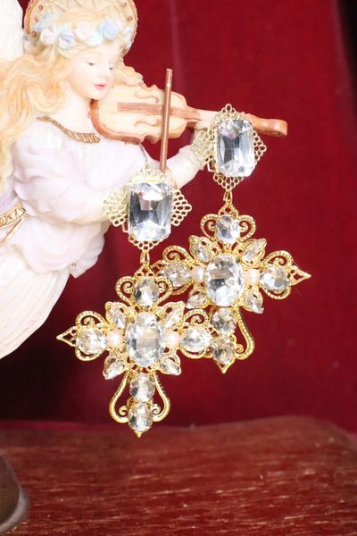 SOLD! 4855 Baroque Runway Clear Crystal Cross Earrings