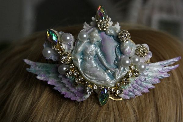 SOLD! 601 Hair Comb Art Nouveau Hand Painted Winged Goddess Crystal