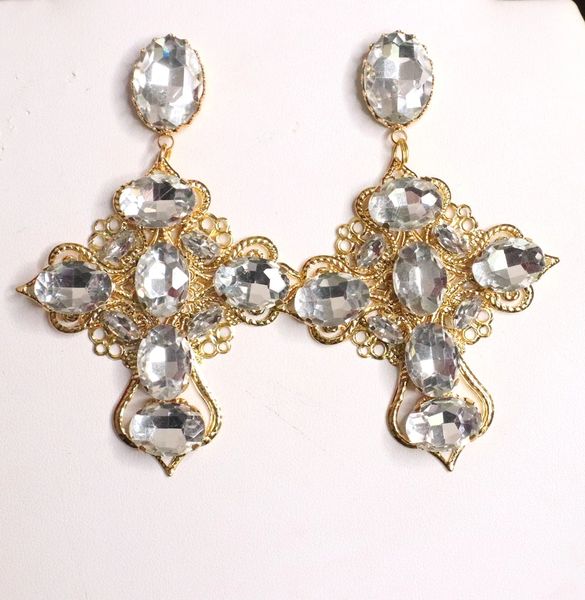 SOLD! 4865 Baroque Runway Clear Oval Crystal Cross Earrings