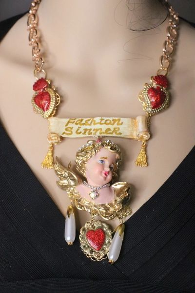 SOLD! 4866 Baroque Runway Fashion Sinner Chubby Cherub Sacred Heart Necklace
