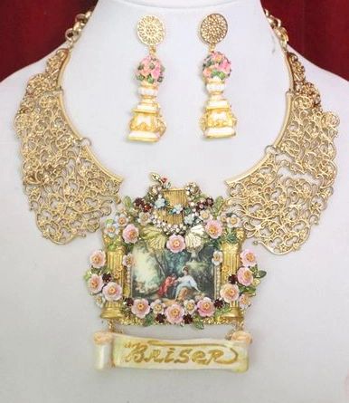 SOLD! 4867 Set Of Rococo Paintings Lovers Baiser Garden Harp Unique Hand Painted Massive Statement Necklace+ Earrings