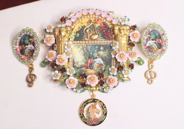 SOLD! 4868 Set Of Rococo Paintings Baiser Unique Hand Painted Massive Brooch+ Earrings